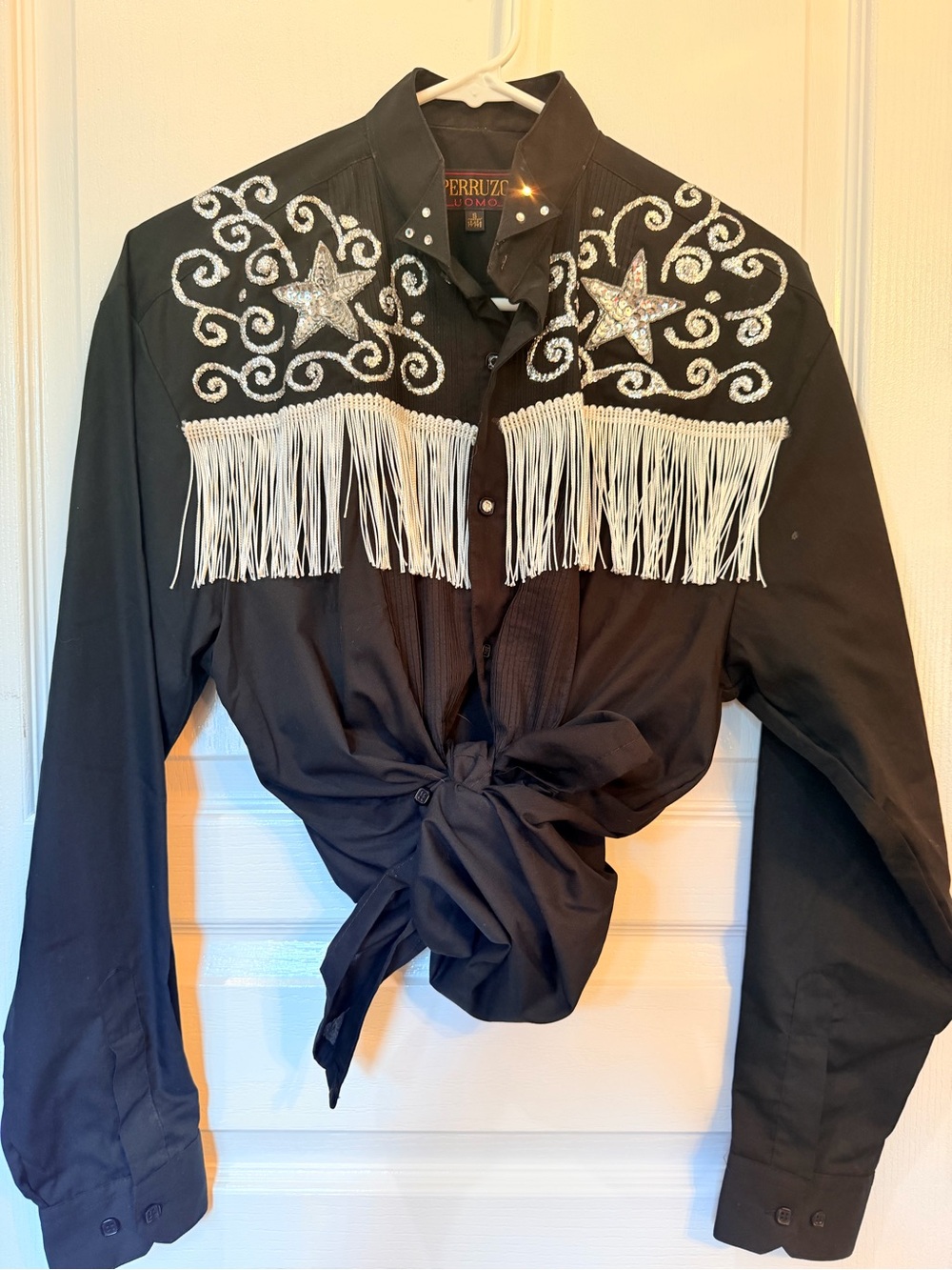 Vintage Black Western Fringe Shirt with Silver Embellishment and FRINGE